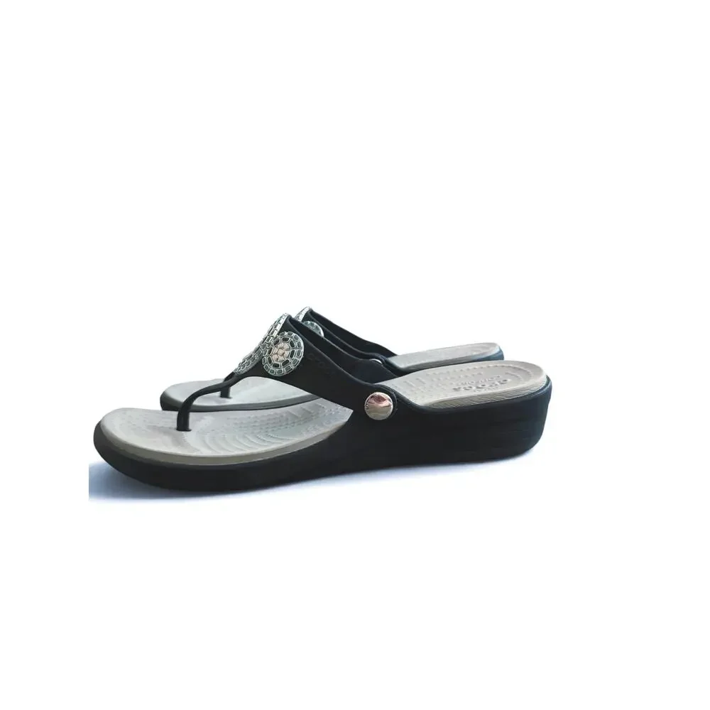 Crocs Women's Sanrah Diamante Navy Wedge Flip Sandals Studded Accent Size 11 - Picture 3 of 10